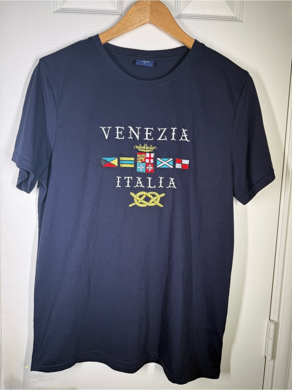 Venezia Navy Short Sleeve Tee with Multicolor Nautical Embroidery